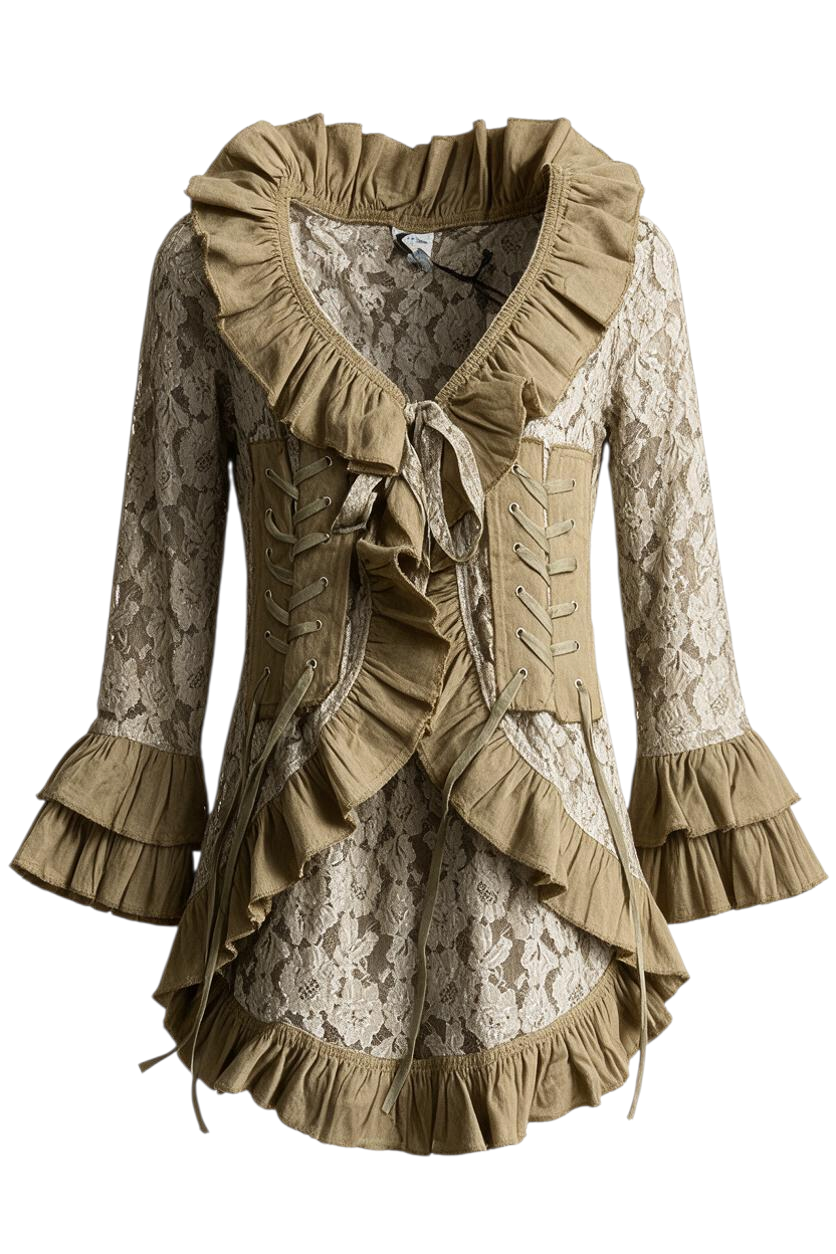Trestles Clothing Company Swoon with Grace lace jacket in tan with ruffled edges, front corset ties, and flared sleeves.